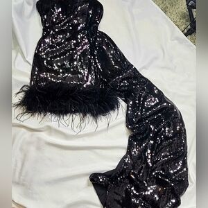 Black Sequin Gown with Feather Trim